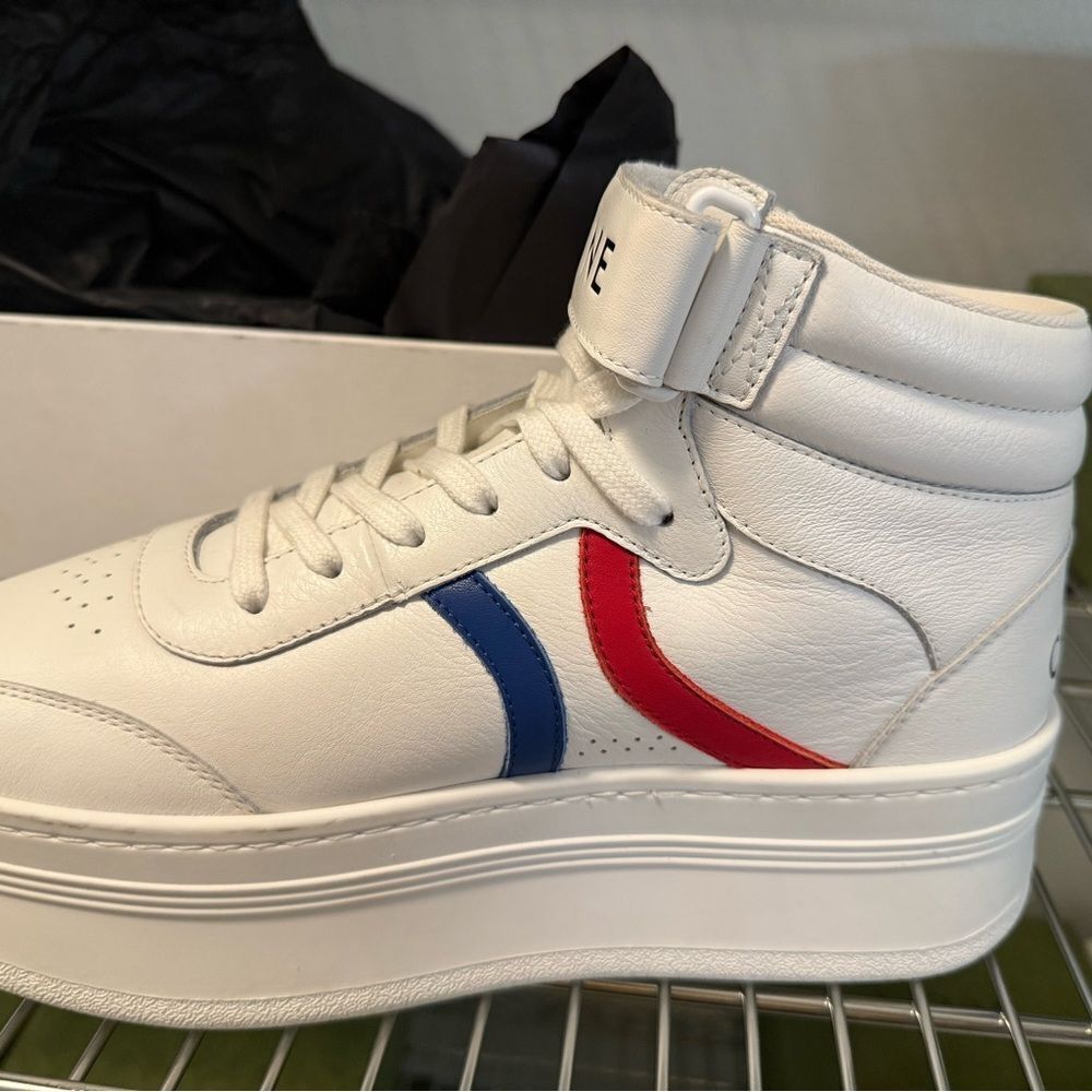 Brand new women’s Celine White High-Top Sneakers with Red and Blue Accents